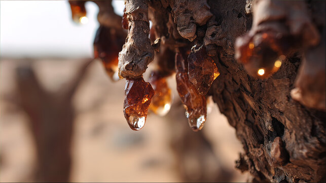 secretion. Close-up of frankincense tree bark with teardrop-shaped resin droplets glinting. gardening catalogs, home-decor guides, designed for gardening and botanical catalogs, used by clinicians.
