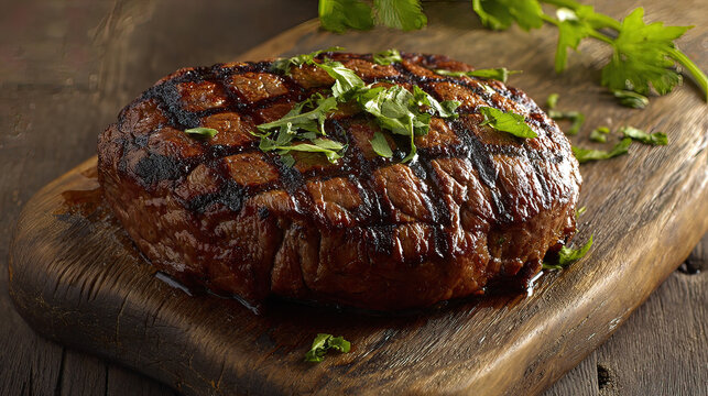 prime. Perfectly grilled steak on a wooden board, garnished with fresh herbs for a rustic appeal. menu design, packaging mockups, designed for culinary blogs and recipe cards for restaurants.
