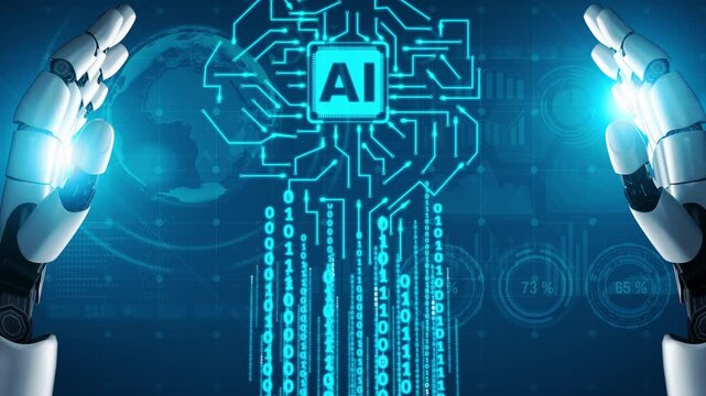 Futuristic robotic hands presenting artificial intelligence concept with digital circuit patterns and glowing binary code in a tech-driven environment Gluon.
