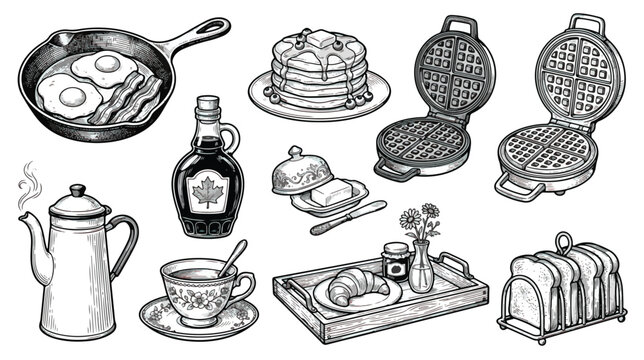 Vintage breakfast food illustrations, hand drawn diner menu elements, rustic morning meal vector set with waffles pancakes and coffee