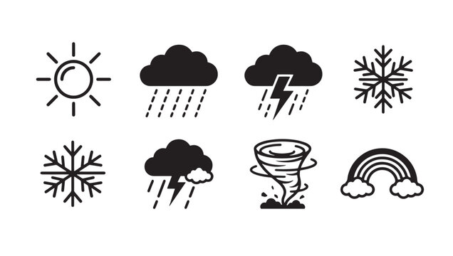 Set of black weather icons including sun cloud rain thunderstorm snowflake tornado and rainbow elements with meteorology forecast snowflake temperature atmosphere meteorological collection