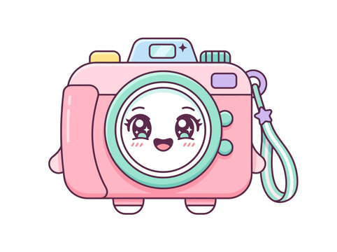 Cute pink camera with a happy face illustration in a kawaii vector style