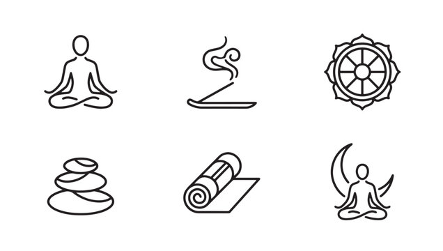 Yoga and meditation lifestyle icon set including person meditating incense dharma wheel stones mat and crescent moon with meditation spirituality lifestyle wellness mindfulness religious
