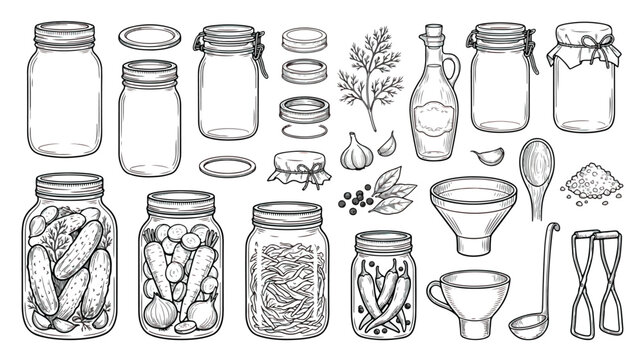 Vintage hand drawn mason jars and canning set, rustic sketch of glass jars with pickled vegetables and kitchen tools, black and white vector collection