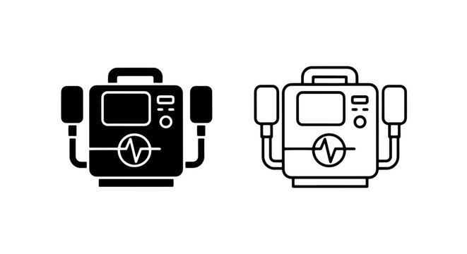 Automated external defibrillator medical device icons solid and outline design