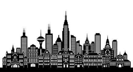 Fototapeta premium City skyline, urban landscape, black and white vector, cityscape silhouette, modern architecture Vector