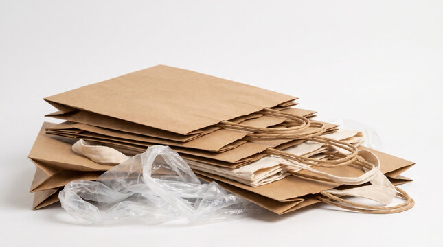 Stack of recyclable brown paper shopping bags and clear plastic with shopping recyclable packaging environment delivery consumer sustainable material commodity purchase background textured