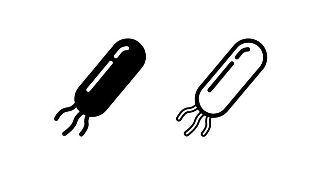 Flagellated bacillus bacterium icon set in solid and outline style with bacillus