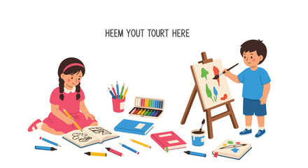 This illustration depicts a girl drawing in a sketchbook and a boy painting on an easel, surrounded by a variety of colorful art supplies on the floor. © Ahmad