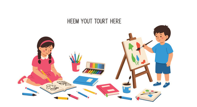 This illustration depicts a girl drawing in a sketchbook and a boy painting on an easel, surrounded by a variety of colorful art supplies on the floor.
