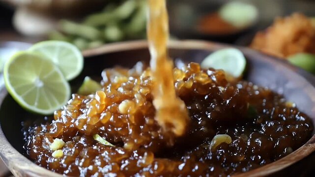 Brown tapioca dessert being poured into a wooden bowl with lime slices