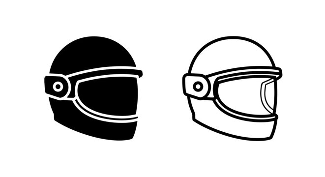 Protective motorcycle helmet icons in solid and line graphics with motorcycle