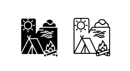 Camping adventure landscape icon with tent campfire sun and clouds, campfire © MdDelowar
