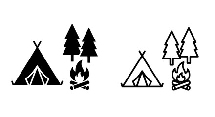 Camping tent pine trees and campfire icon set with campfire adventure vacation © MdDelowar