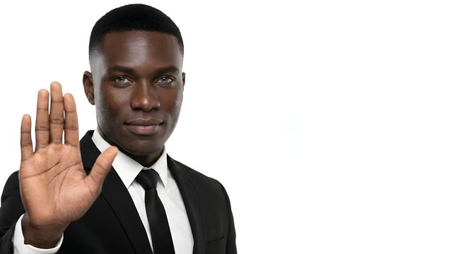 Confident African businessman showing a stop hand gesture near white copy space