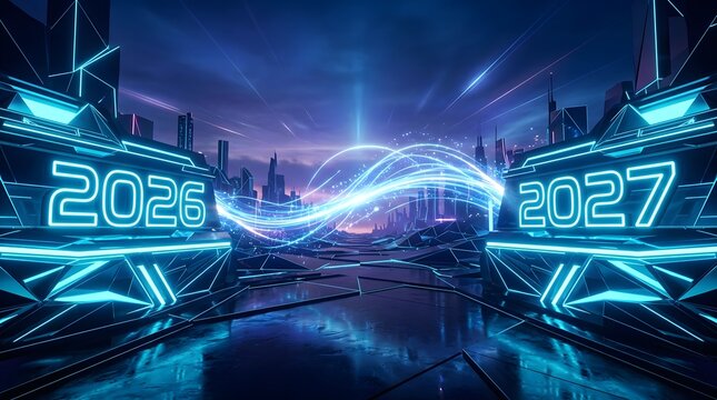 Futuristic cityscape with neon lights and year transition