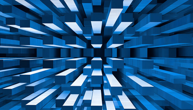 Blue digital blocks forming abstract data matrix background.
