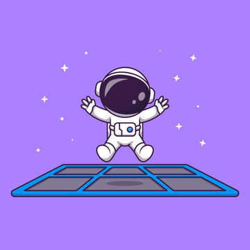 Cute Happy Astronaut Playing Trampoline in Space Cartoon 
