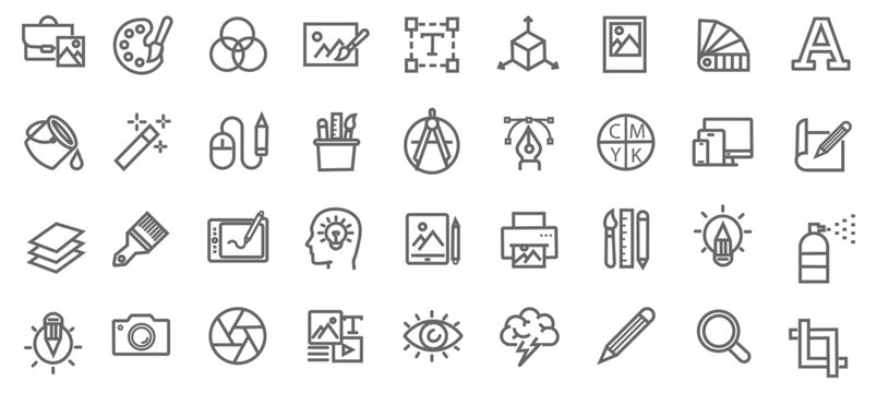 Graphic design icon set. Containing digital art, creativity, drawing, portfolio, idea, web design, designer, stationary, software, tools, drawing and more. Editable line icons. Vector illustration. 