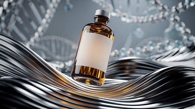 Abstract Scientific Bottle with DNA and Metallic Waves.