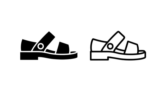 Comfort buckle sandals icon set in black and white styles with footwear