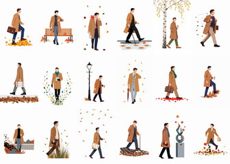 Set of diverse vector illustrations of men dressed in autumn fashion, walking through fallen leaves and engaging in various outdoor activities.