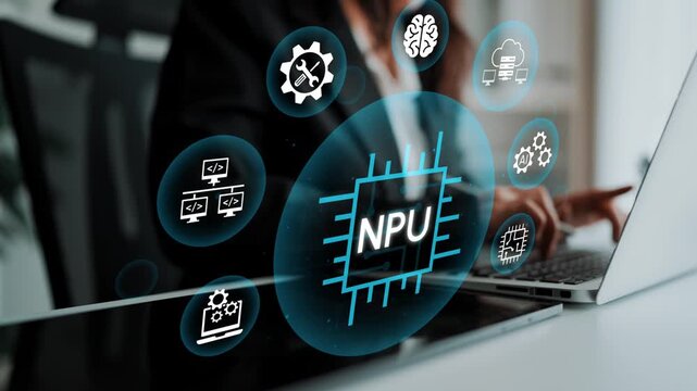 Business Professional Working on Laptop with NPU Graphics and Technology Symbols Representing Innovation and Digital Transformation in Modern Workspace. Entropy.