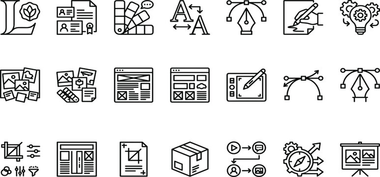 Vector graphic design and typography line icon set with creative agency layout branding tools