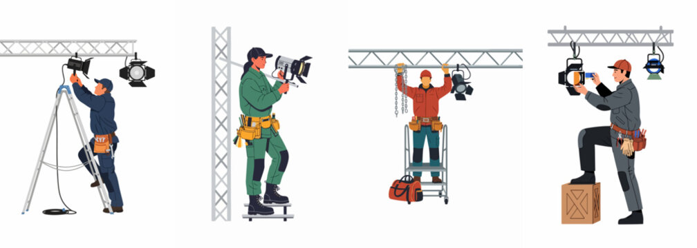 Technicians and riggers set up professional stage lighting and equipment for film, theater, or concert productions, isolated on a white background.