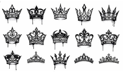 Spray Paint Crowns Set with King Queen Prince Crowns and Princess Tiara Black Ink Grunge Vector Illustration © Rune Veil