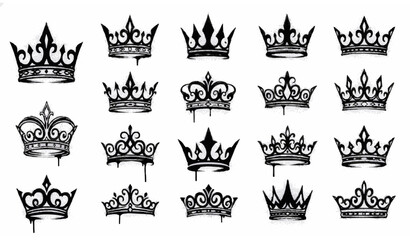 Obraz premium Black Ink Graffiti Crown Collection with Royal Diadems and Princess Tiaras Grunge Vector Illustration