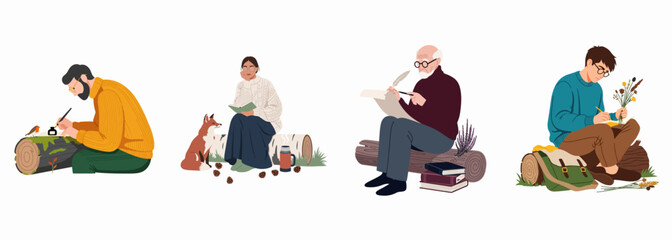 Set of illustrations showing people reading, writing, and drawing while sitting on logs in a peaceful natural environment.