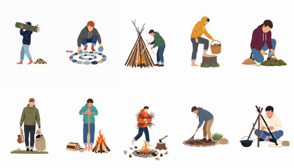 Flat illustration set of people engaged in various outdoor survival and camping activities like building fires, gathering wood, and cooking. © Samantha