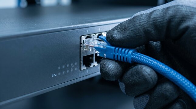 Hand plugging ethernet cable into network switch, internet connection setup and IT infrastructure