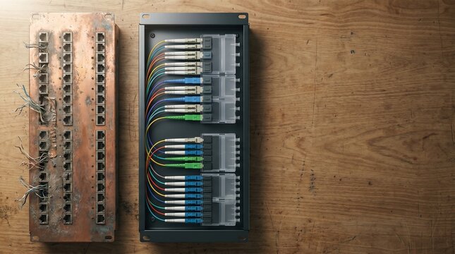 Network patch panel with fiber optic cables, modern technology and data connectivity