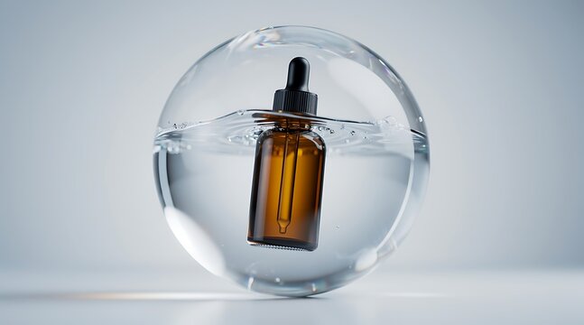 Amber glass dropper bottle submerged in clear liquid within a glass sphere.
