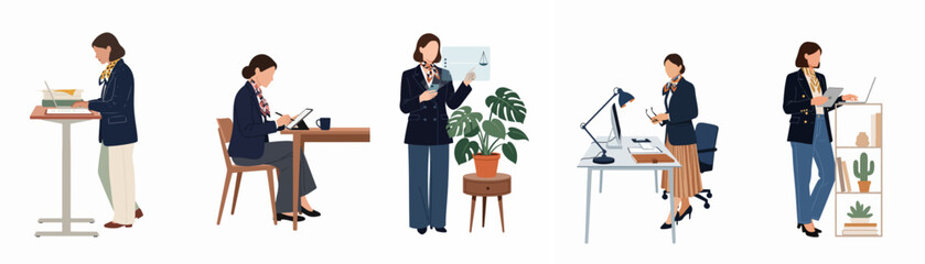 Obraz premium Set of professional business woman illustrations working in various office environments with laptop, tablet, and digital devices on white background.