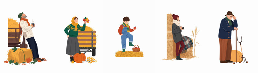 Fototapeta premium Set of flat illustrations depicting various people enjoying autumn farm activities, featuring hay bales, harvest elements, and cozy seasonal clothing on white background.