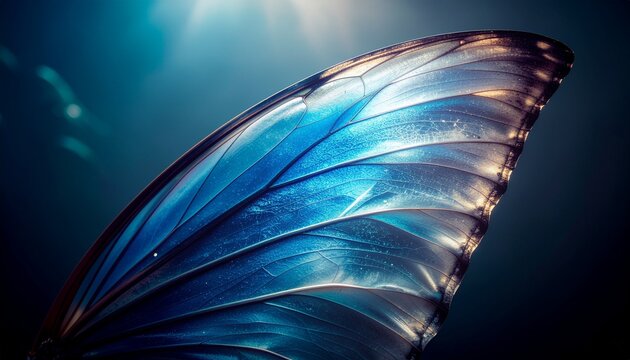 Butterfly wing macro close up shot showing structural color of morpho butterfly wing on a dark background