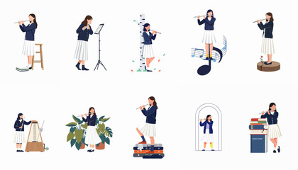 Collection of illustrations featuring a schoolgirl playing the flute in diverse settings, highlighting music education, practice, and the joy of musical performance. © nicole