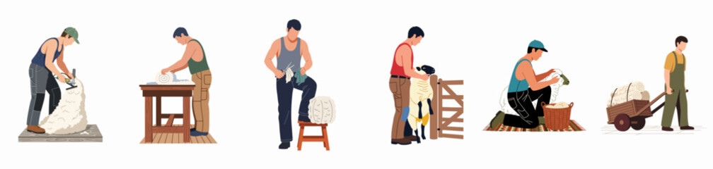Flat vector illustration of male farmers performing various stages of sheep shearing and wool production on a white background. © Heather