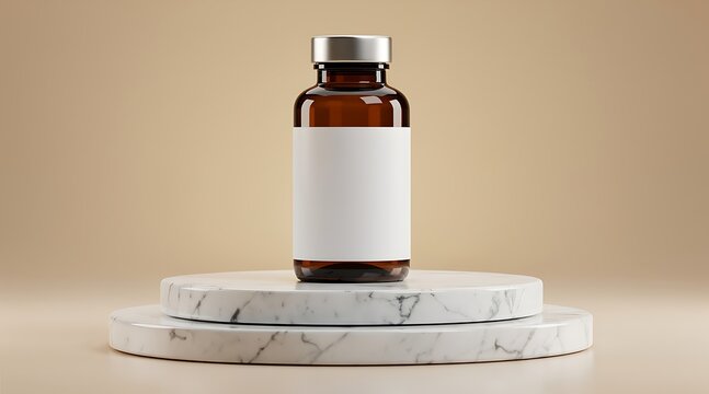 Amber glass vial with blank label on marble pedestal.