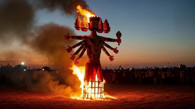 Effigy of Ravana burning at dusk during Dussehra festival. Large multi-headed statue engulfed in flames at night. Traditional celebration of victory of good.