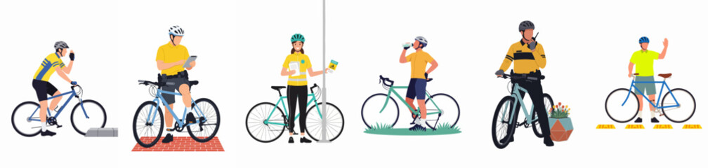 Fototapeta premium Set of diverse cyclists and bike patrol officers in yellow shirts and helmets performing various activities with their bicycles on a white background.