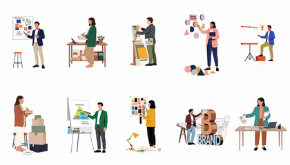 Fototapeta premium Set of flat vector illustrations featuring diverse professionals engaged in brand identity development, strategy planning, and creative marketing activities in a modern workspace.