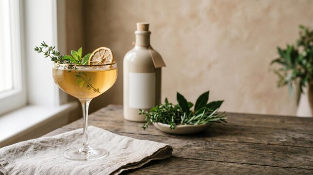 artisanal herbal cocktail with dried lemon slice and rosemary on rustic wooden counter