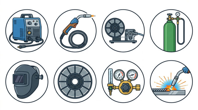 Collection of welding equipment icons including a machine, torch, wire feeder, gas cylinder, mask, grinding wheel, regulator, and welding process shown against a clean white background