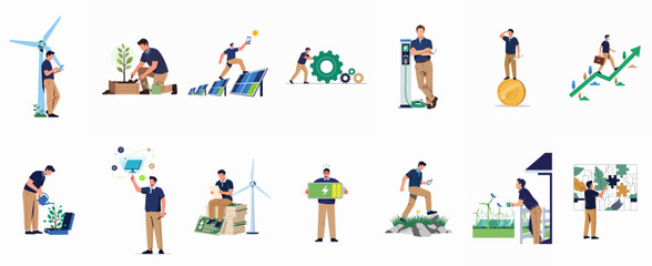 Naklejka premium Professional man engaged in renewable energy, green business, and environmental sustainability concepts illustration set on white background.