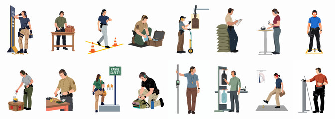 Flat vector set of diverse people in tactical gear performing training, maintenance, and safety tasks at a professional shooting range facility. © nicole
