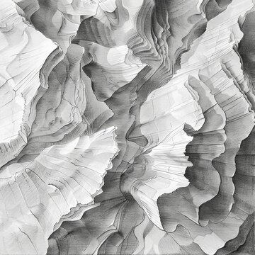 Abstract monochrome pencil drawing of layered rock formations with rough texture and deep shadows